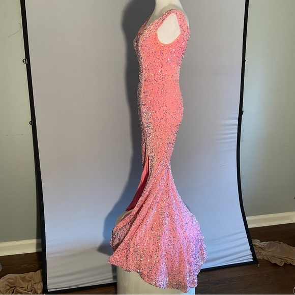 Faeriesty Dopamine XS Pink Crushed Velvet Bodycon Dress with Sequins, Front Slit - Picture 5 of 16